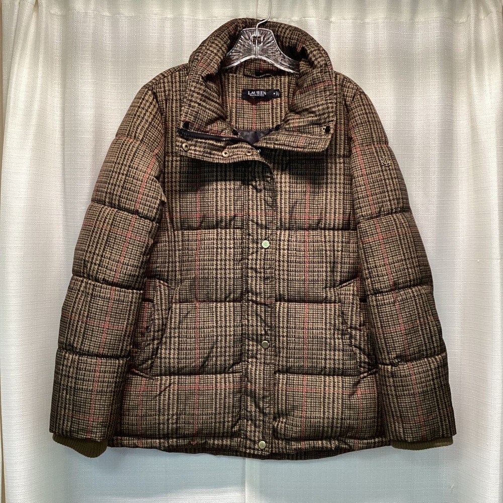 Lauren Ralph Lauren Glen Plaid Puffer Jacket Brown Tan Womens M Preppy Luxury